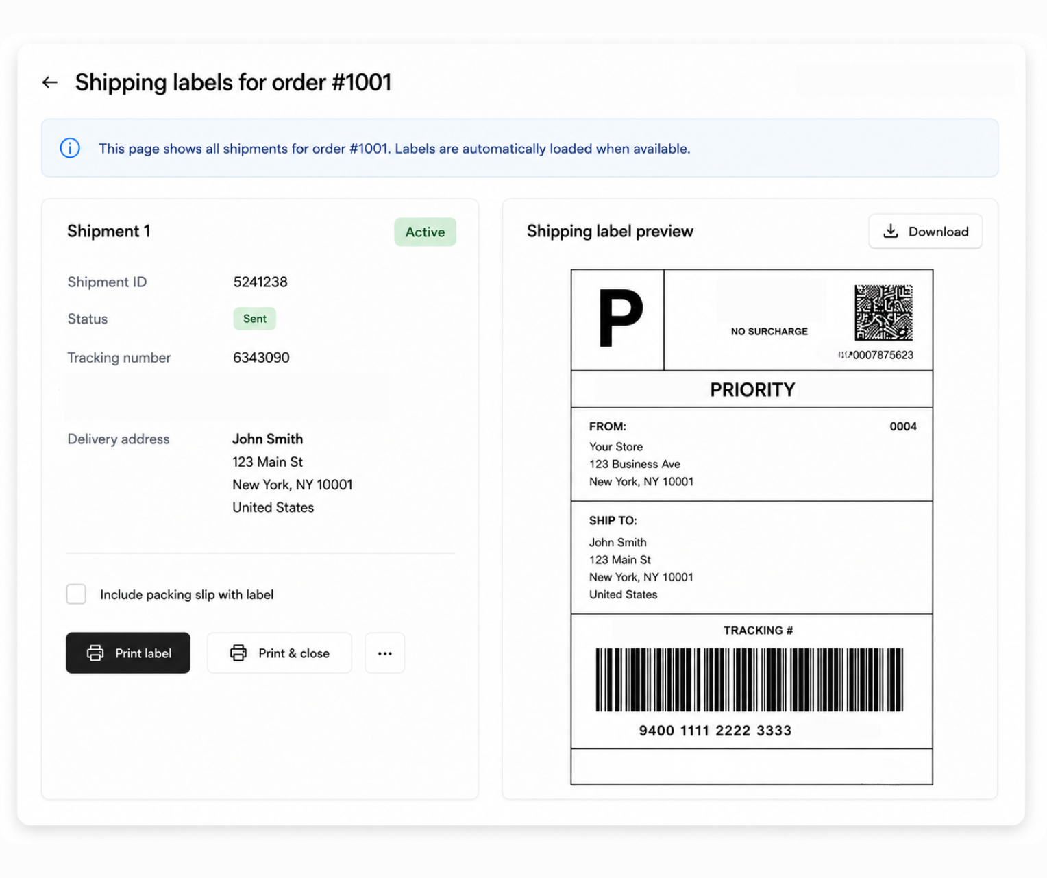 Preview shipping label